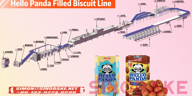 Equipment Hello Panda Filled Biscuit Production Line with Mixer Laminator Gauge Rolls and Auto Injector produced by Sinobake Group LTD.