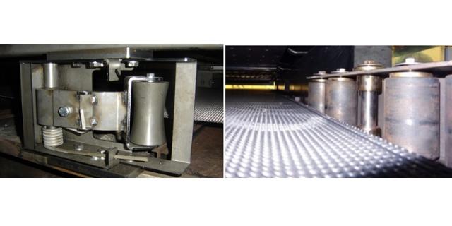 Left: vertical side rollers in good condition // Right: rollers showing marks of frequent contacts to the belt edges