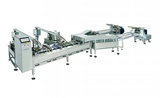 Equipment EverSmart biscuit sandwiching machine with two horizontal flow wrapping machines produced by EverSmart