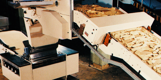 Dough feed to a rotary moulder with metal detector on infeed conveyor