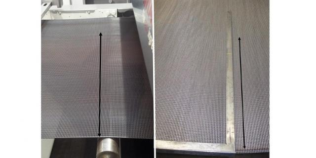 Left: Z-belt (with looped edges) with a non-rectangular row of meshes // Right the same type of belt              (with welded edges) showing a nearly perfect 90 o row of meshes (and the angle metre to check it)