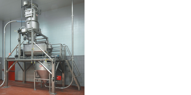 This pre-blending system combines micro and minor ingredients that are then pneumatically metered to the continuous mixer.