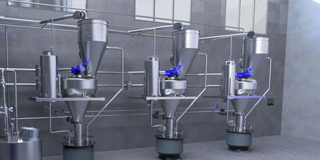 Dosing system for powders and liquids on three lines with vertical blenders and touch panel